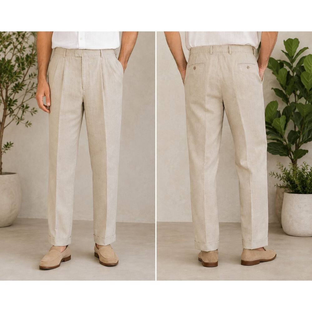 Dockers Men’s Pleated Linen Blend Dress Pants Beige Cuffed 38x32 Classic Fit